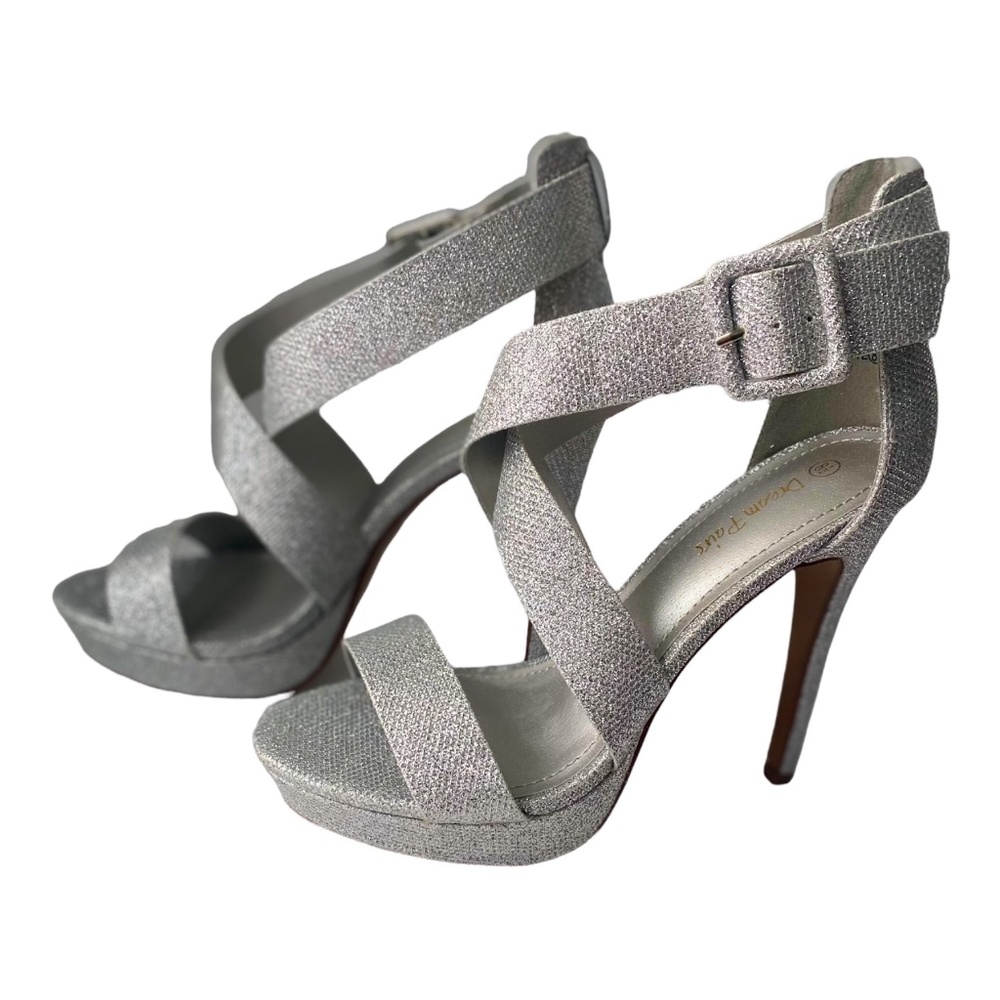 NWOT DREAM PAIRS Women's Silver/Glitter Open Toe Strap Stiletto Size 8.5
